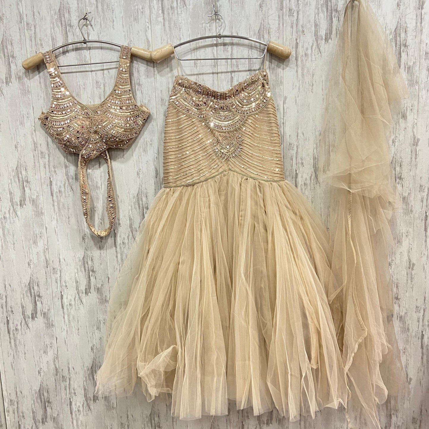 Mirror work Gold fish cut crop top Lehenga