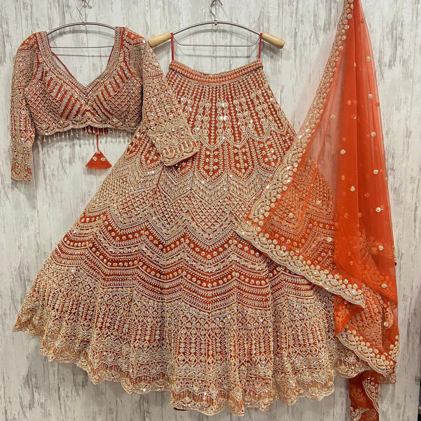 Orange rust peach mirror work crop top Lehenga