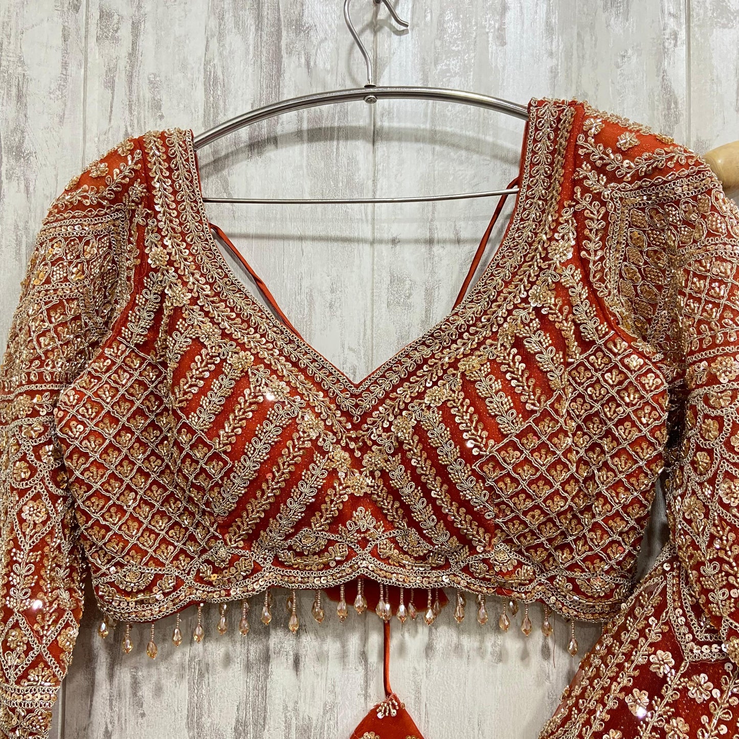 Orange rust peach mirror work crop top Lehenga