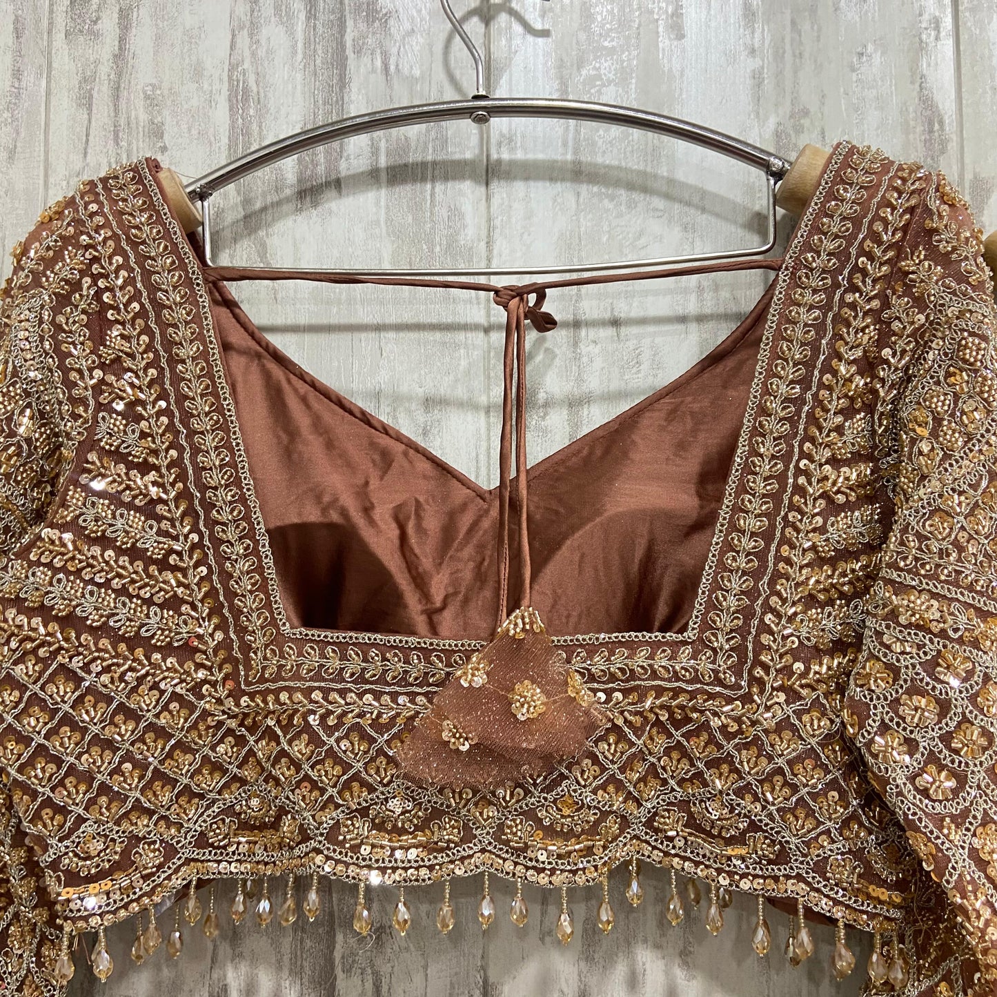 Orange rust peach mirror work crop top Lehenga