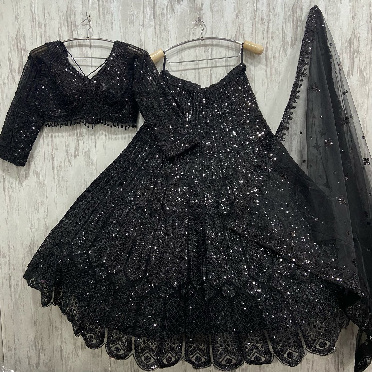 Stunning Z Black on black monotone mirror work sequence crop top Lehenga