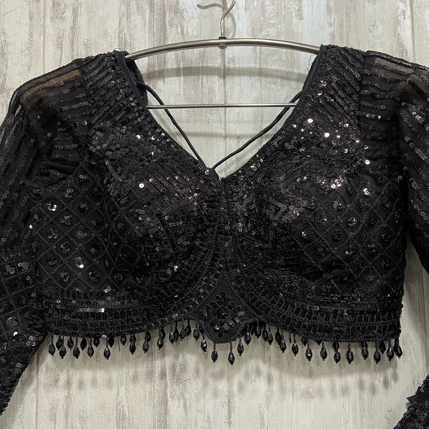 Stunning Z Black on black monotone mirror work sequence crop top Lehenga