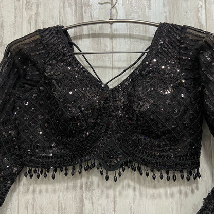 Stunning Z Black on black monotone mirror work sequence crop top Lehenga