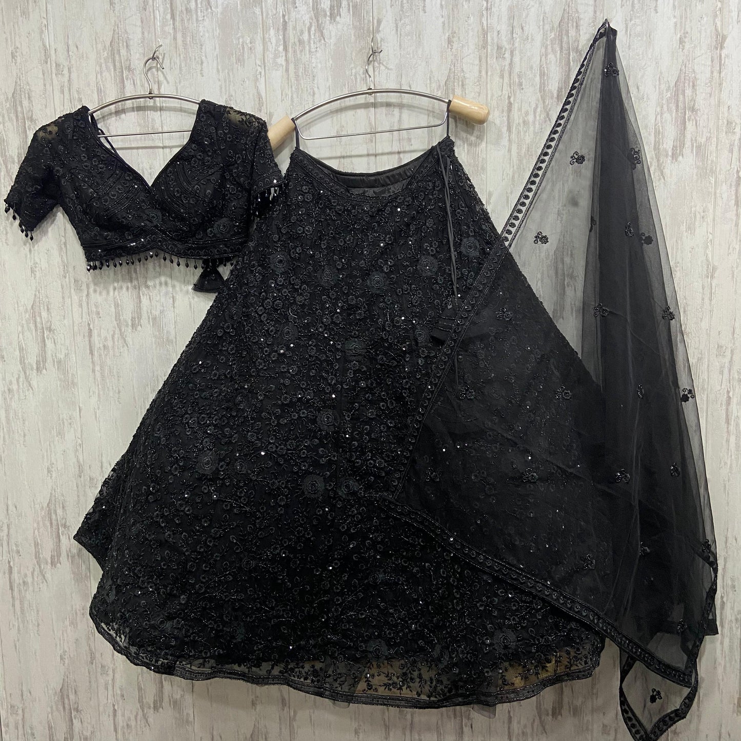 Stunning floral Black on black monotone mirror work crop top Lehenga