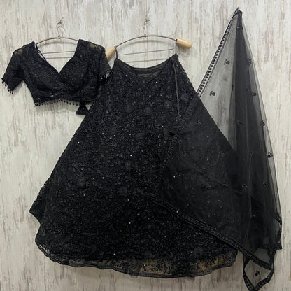 Stunning floral Black on black monotone mirror work crop top Lehenga