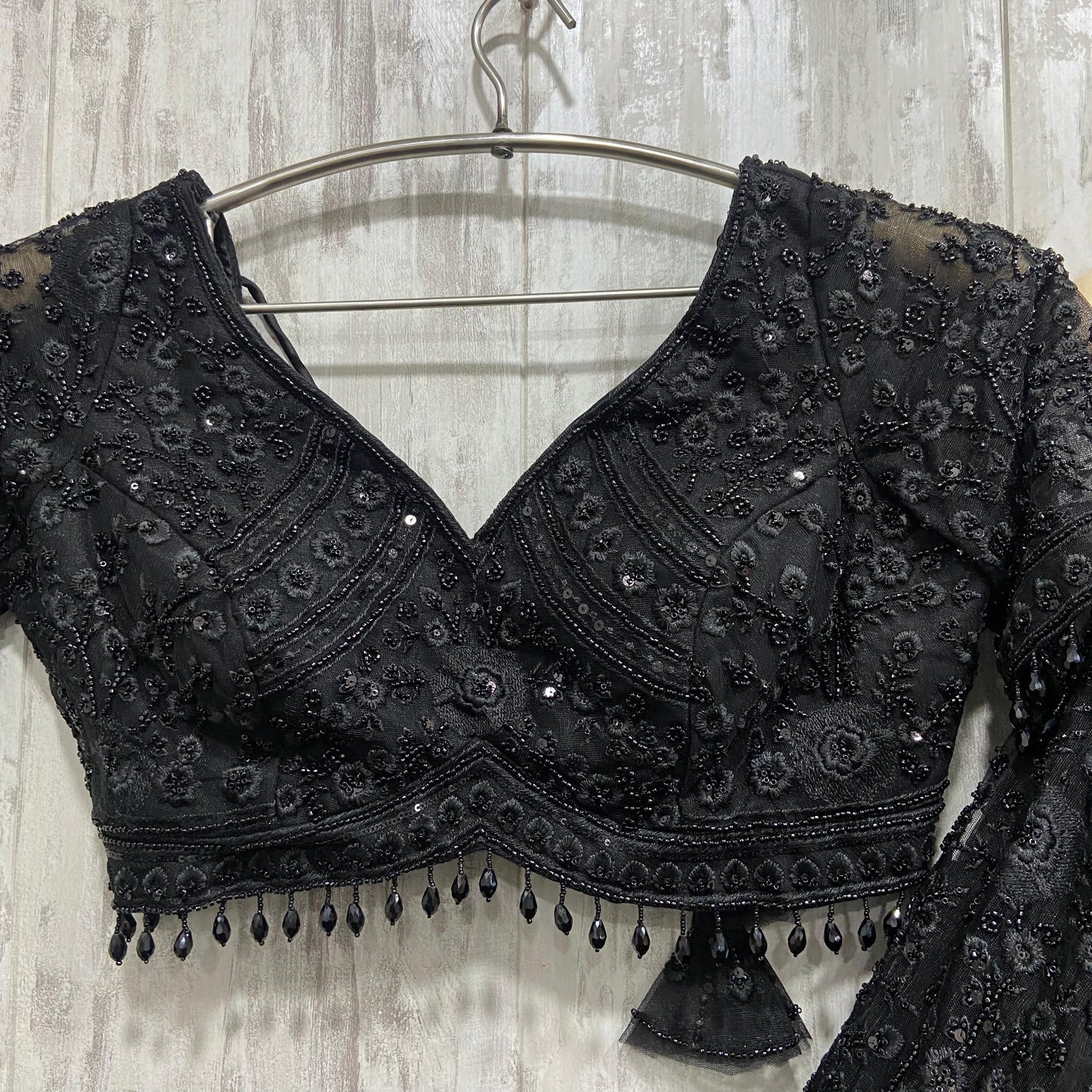 Stunning floral Black on black monotone mirror work crop top Lehenga