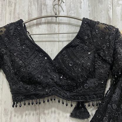 Stunning floral Black on black monotone mirror work crop top Lehenga