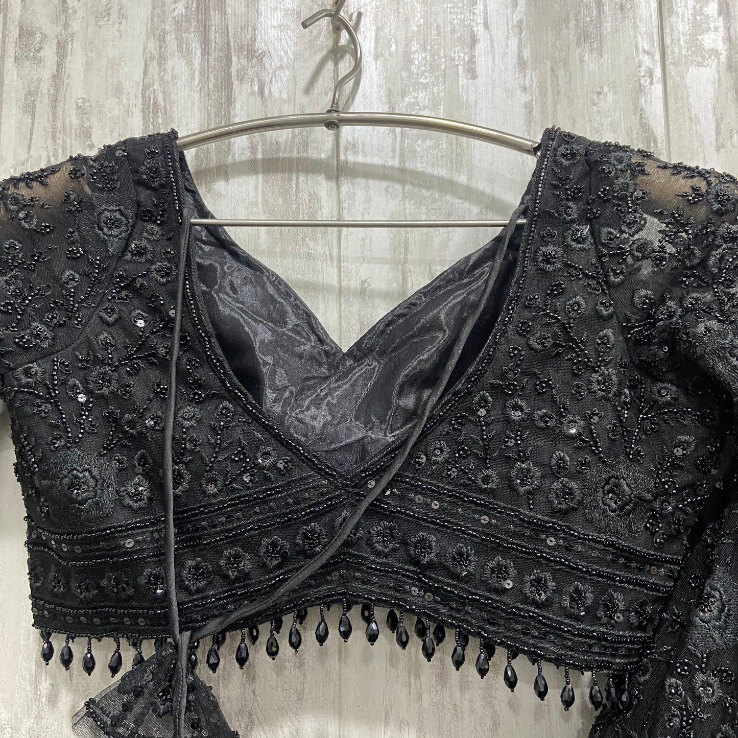 Stunning floral Black on black monotone mirror work crop top Lehenga