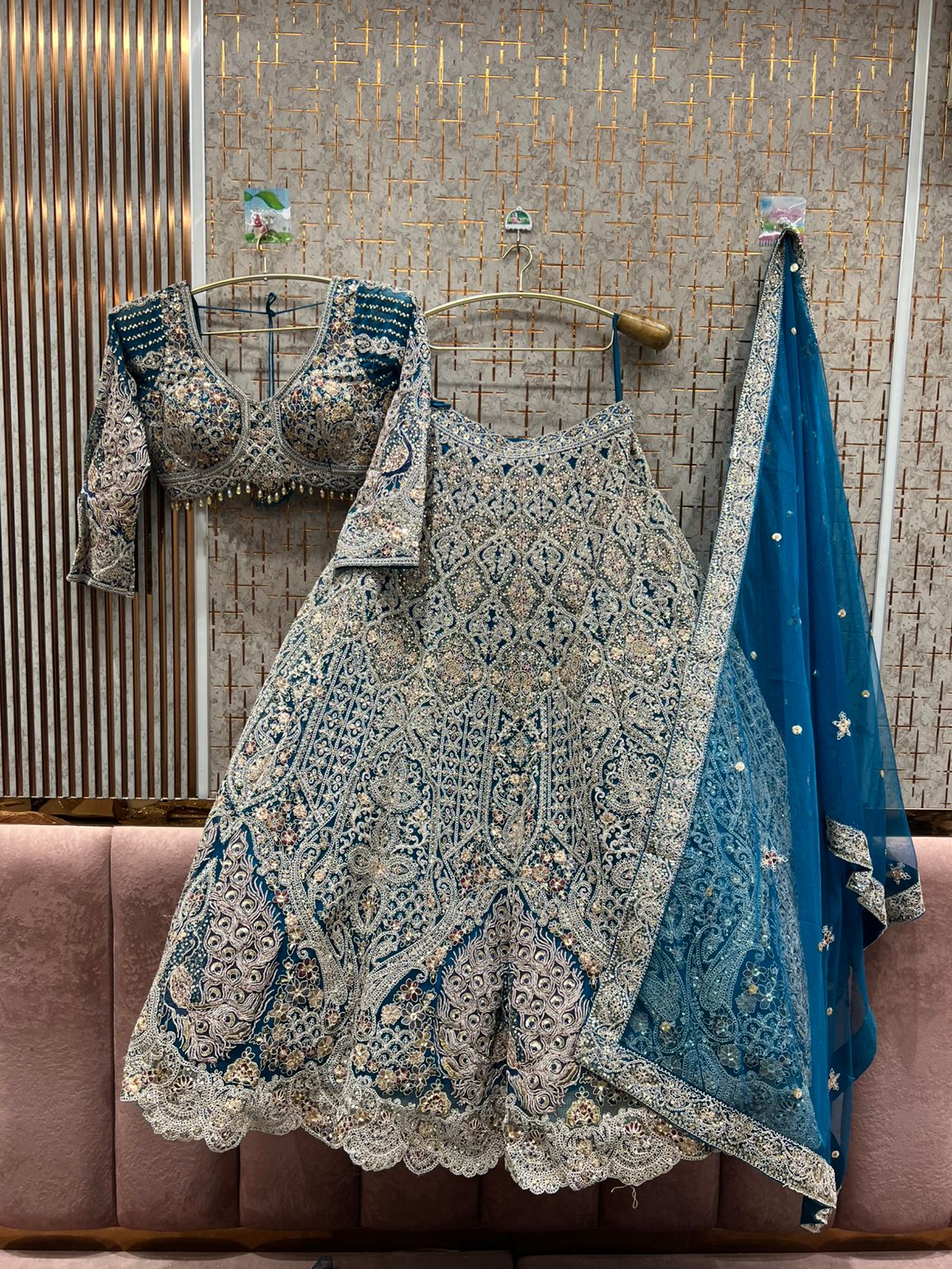 Lavishing sky blue peacock crop top Lehenga