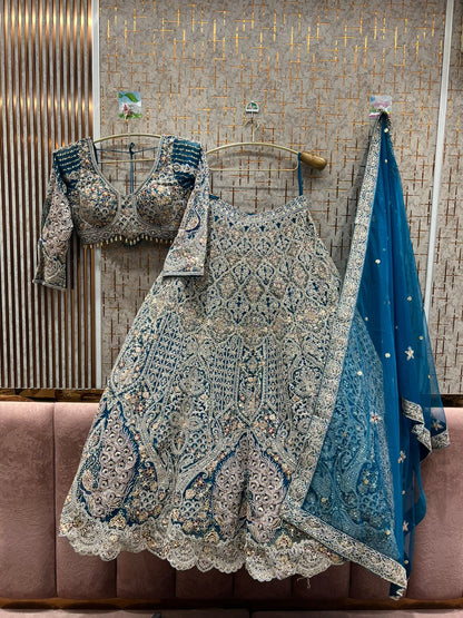 Lavishing sky blue peacock crop top Lehenga