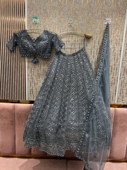 Glamorous grey blue monotone crop top Lehenga