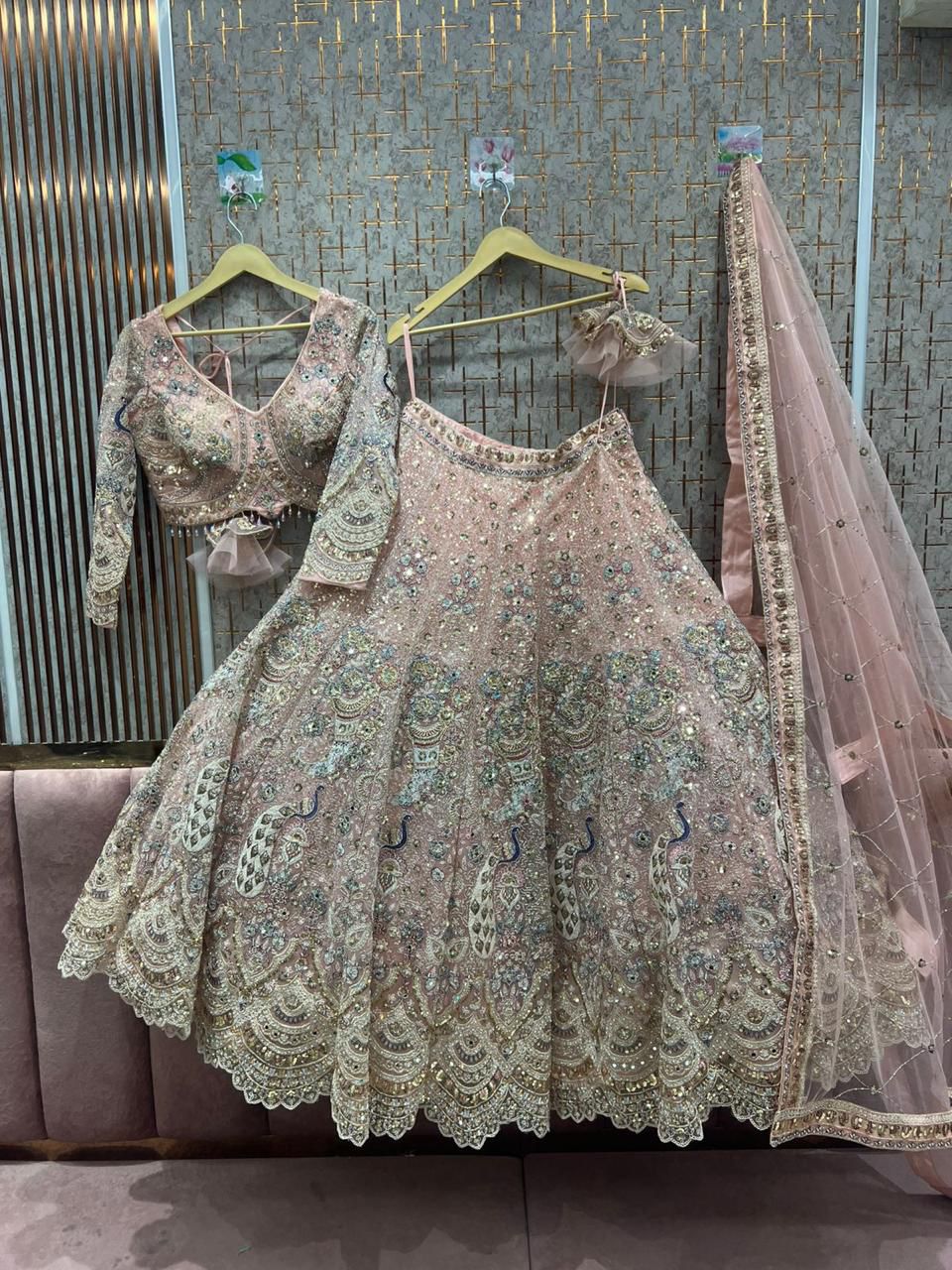 Big flare peach pink crop top Lehenga