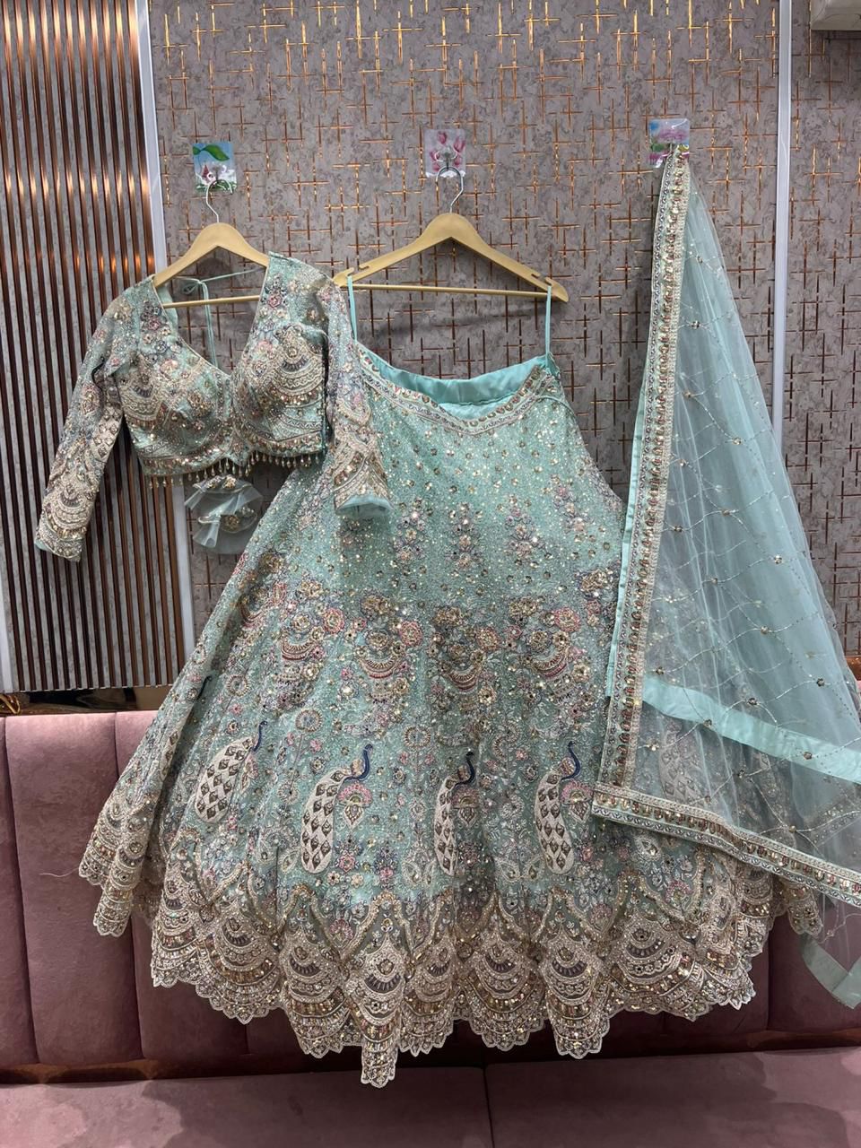 Big flare peach pink crop top Lehenga