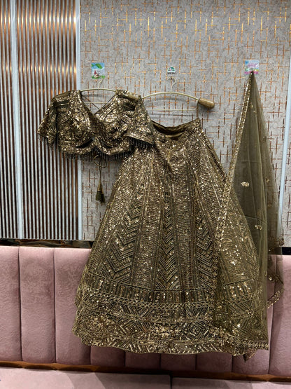 Delightful mustard golden on golden monotone crop top Lehenga