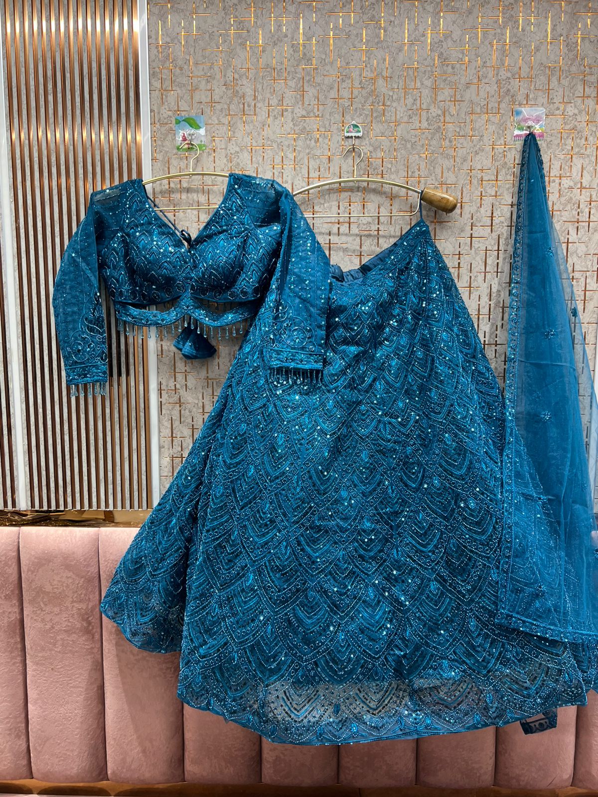 Elegant royal blue on blue monotone crop top Lehenga