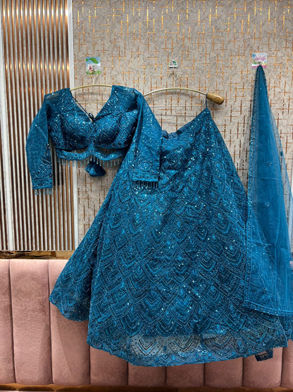 Elegant royal blue on blue monotone crop top Lehenga