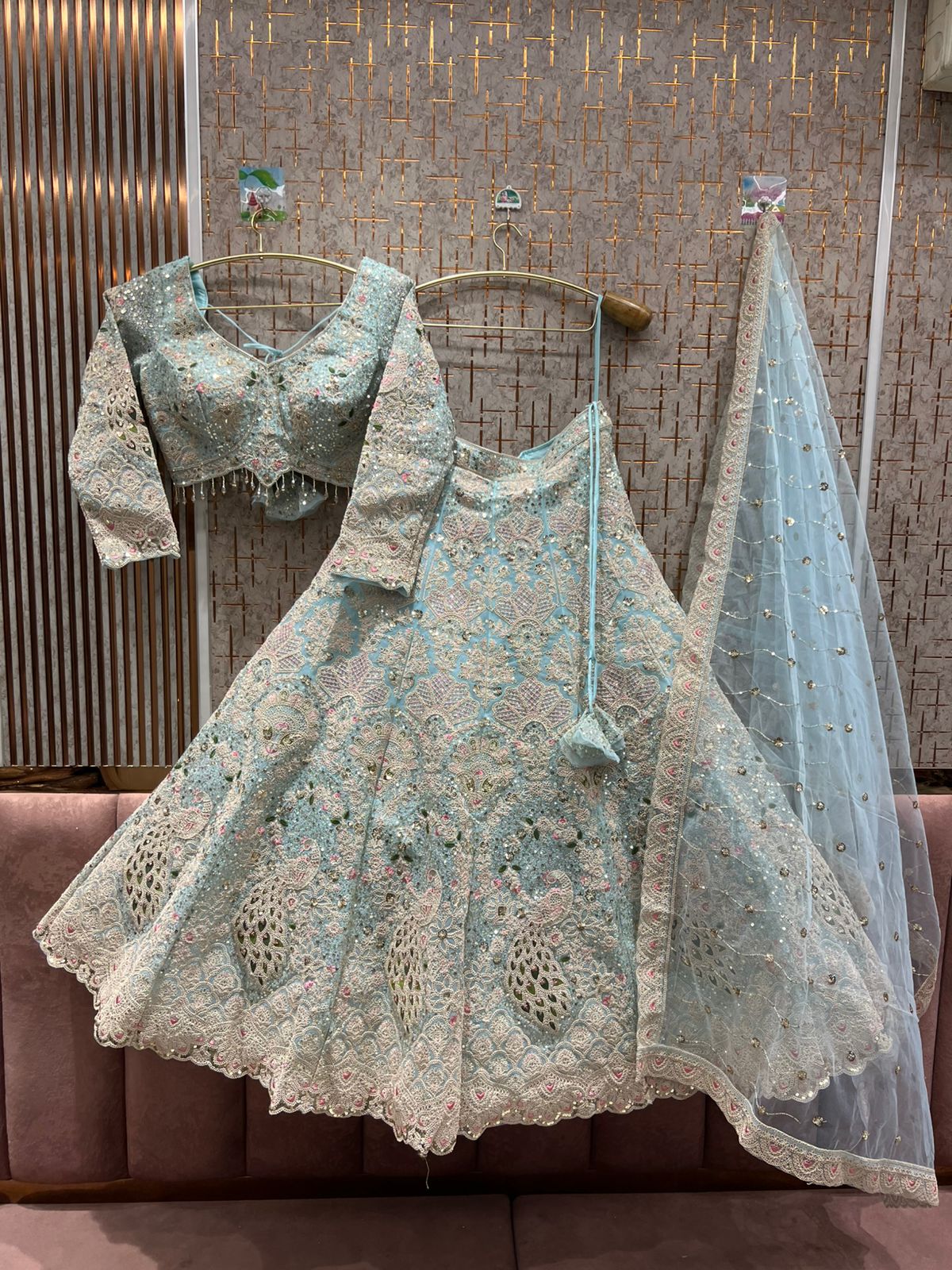 Lovely sky blue peacock crop top Lehenga