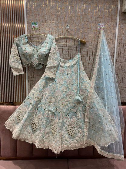 Lovely sky blue peacock crop top Lehenga