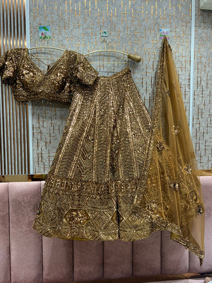 Delightful mustard golden on golden monotone crop top Lehenga