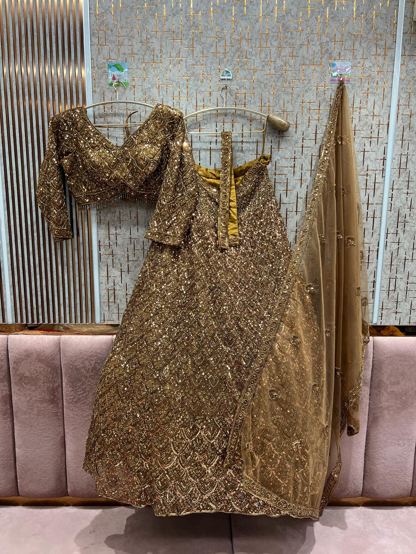 Stunning golden on golden monotone crop top Lehenga