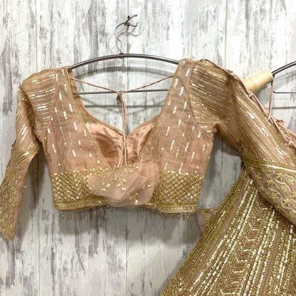 Pretty golden peach green red crop top Lehenga