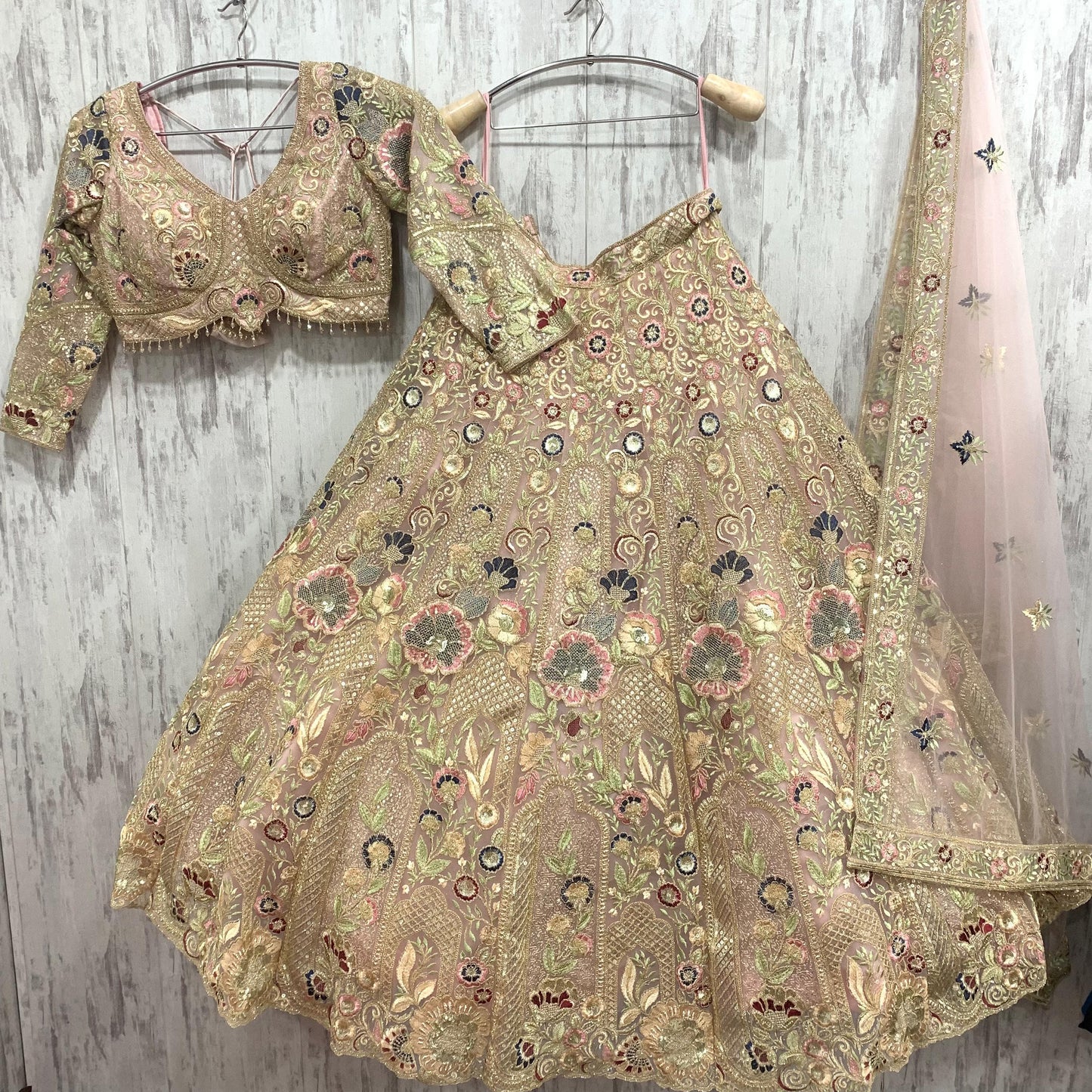 Beautiful floral pink beige crop top Lehenga