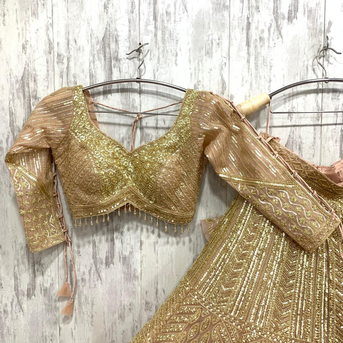 Pretty golden peach green red crop top Lehenga