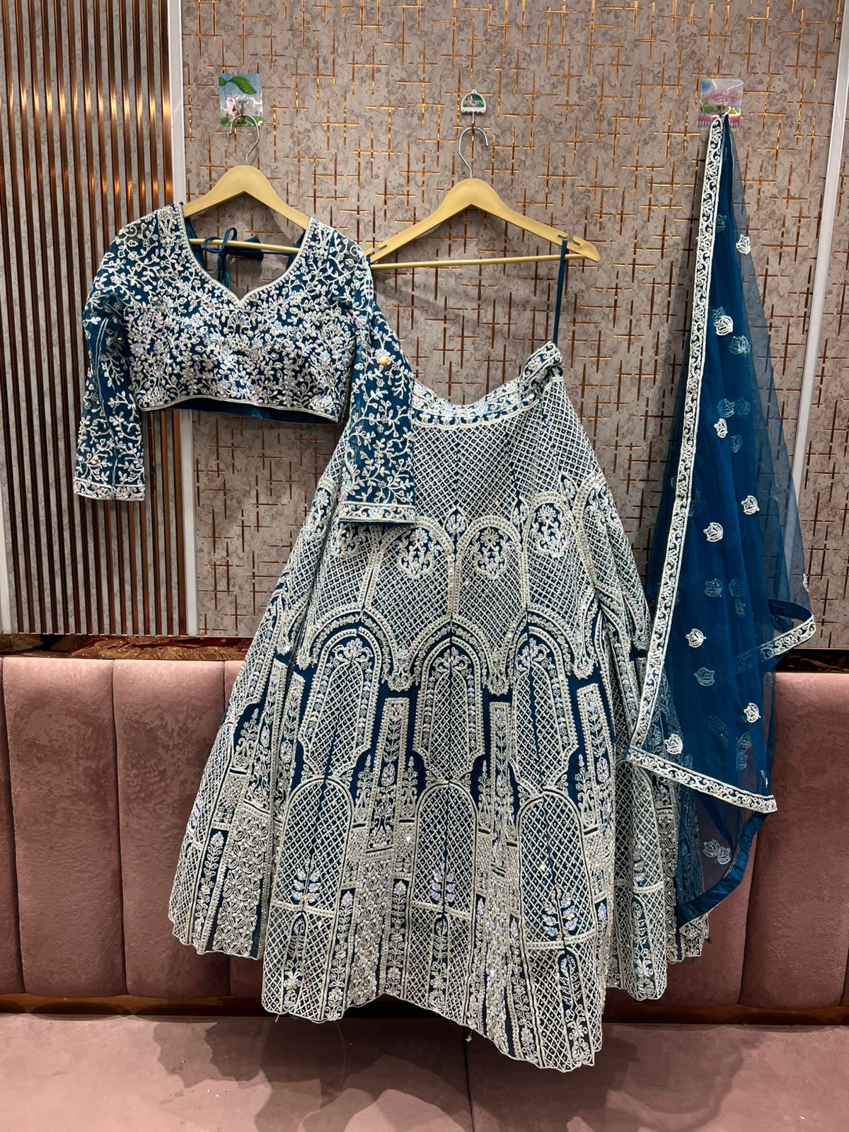 Elegant sky blue crop top Lehenga