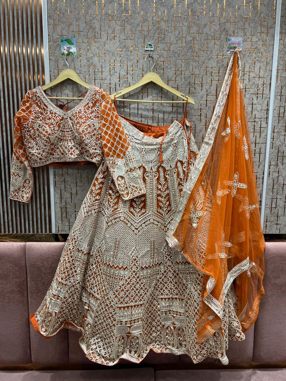 Designer Orange Crop top Lehenga