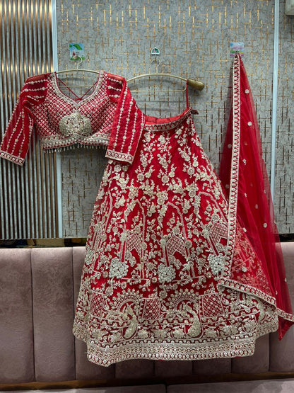Eye catching red crop top Lehenga