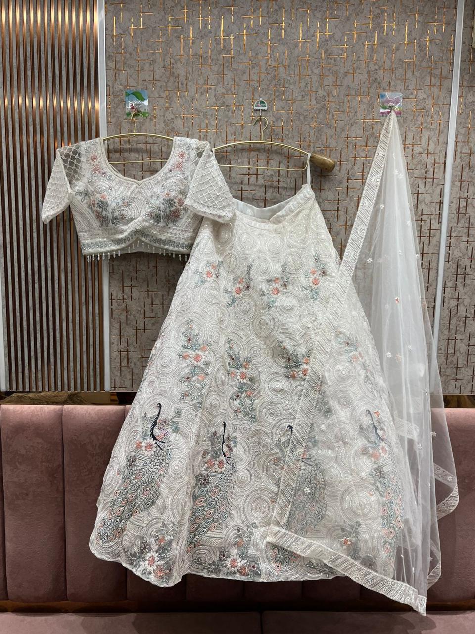 Elegant White peacock crop top Lehenga