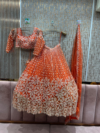 Attractive Orange Floral crop top Lehenga