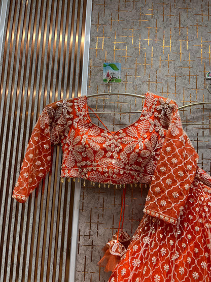 Attractive Orange Floral crop top Lehenga