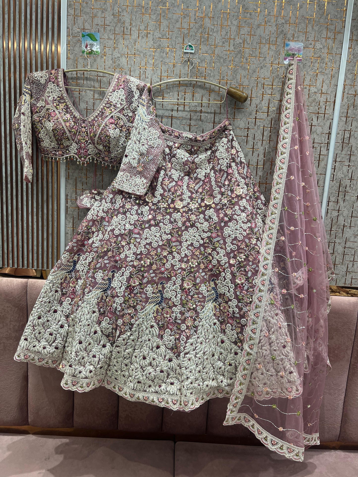 Delightful peach crop top Lehenga peacock