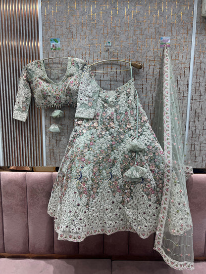 Delightful peach crop top Lehenga peacock