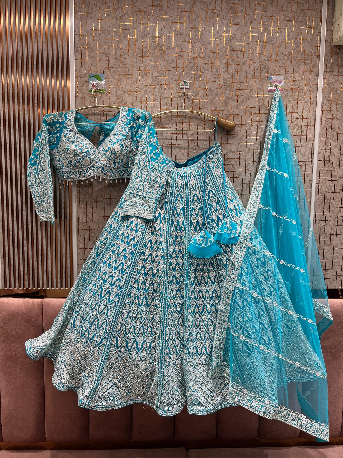 16 kali big flare heavy silver work Eye catching Sky blue crop top Lehenga