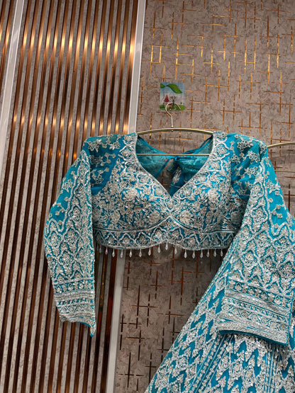 16 kali big flare heavy silver work Eye catching Sky blue crop top Lehenga