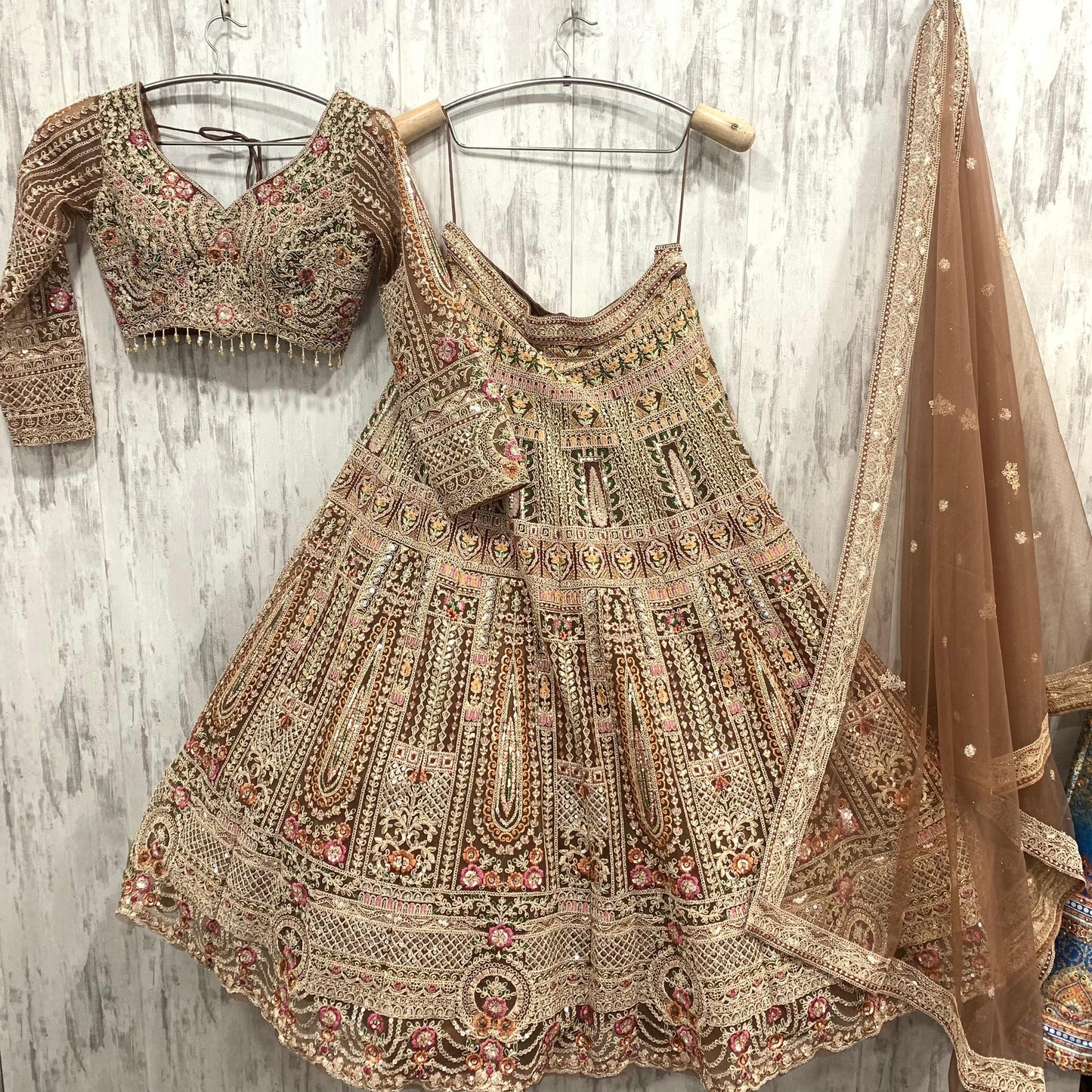 Designer golden Peach pink crop top Lehenga