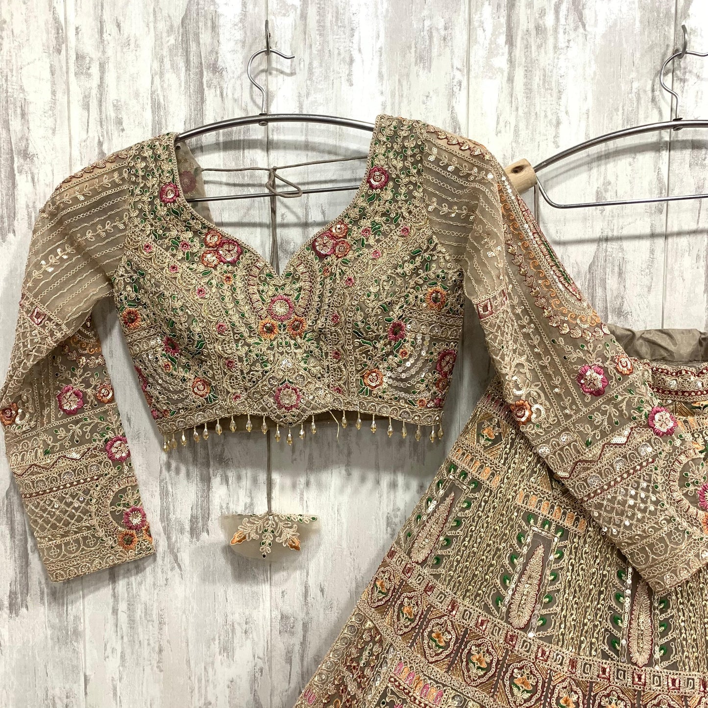 Designer golden Peach pink crop top Lehenga