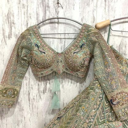 Embellished pista Green peacock crop top Lehenga