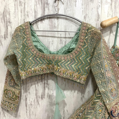 Embellished pista Green peacock crop top Lehenga
