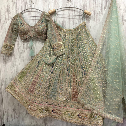Embellished pista Green peacock crop top Lehenga