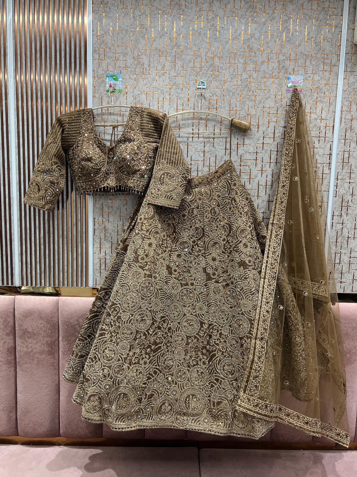 Embellished mustard golden circles crop top Lehenga