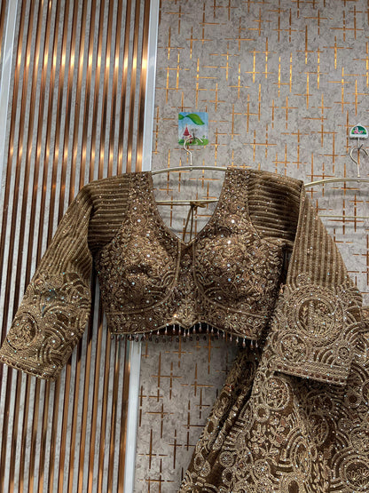 Embellished mustard golden circles crop top Lehenga