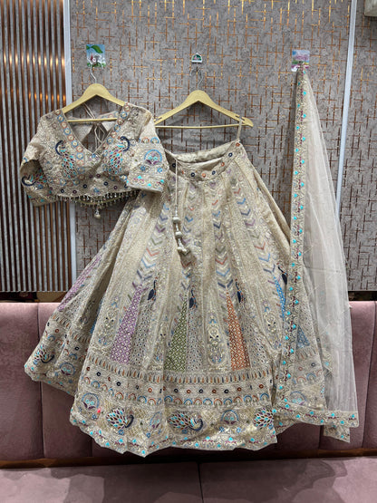 Awesome peach beige peacock crop top Lehenga