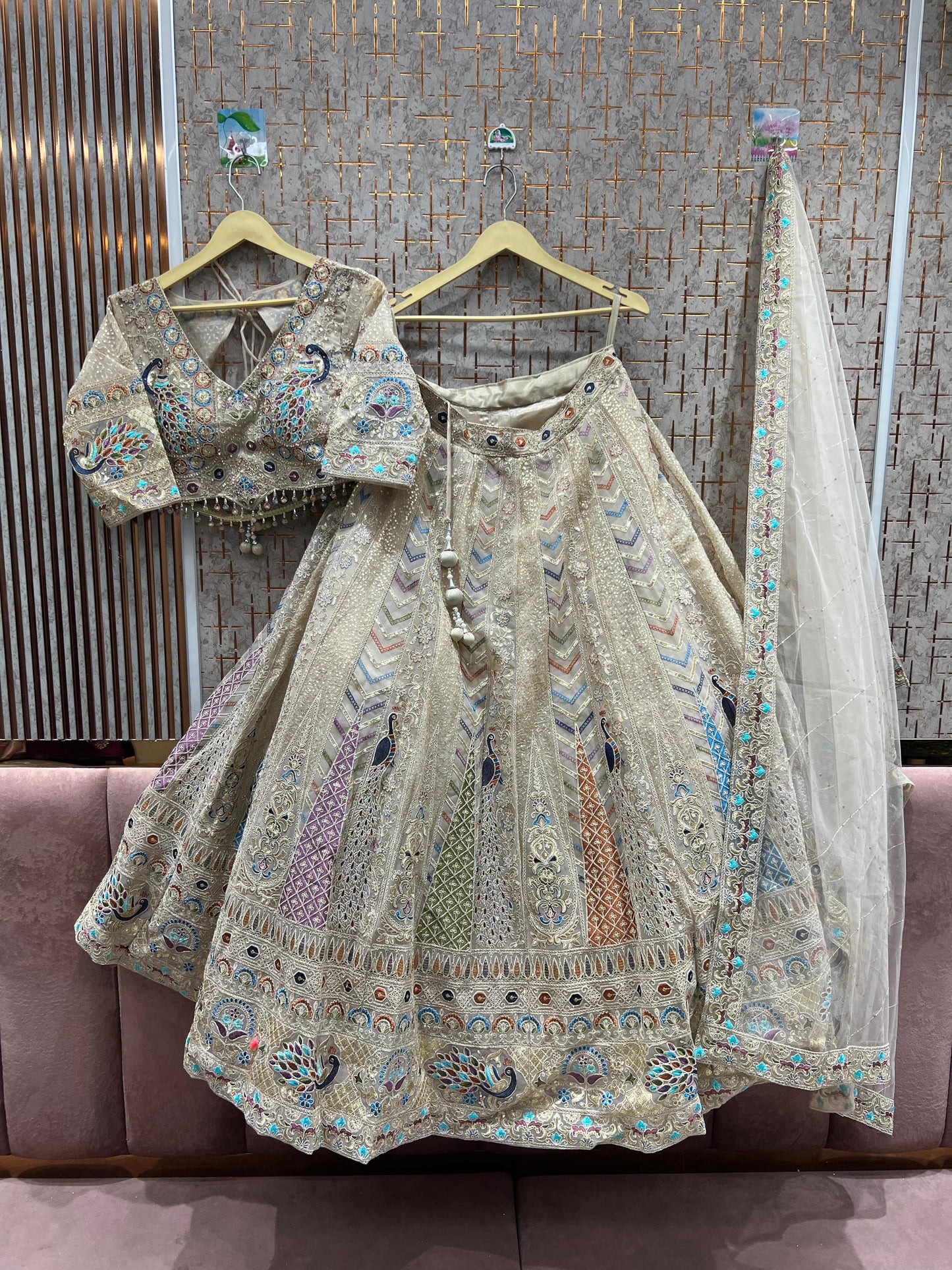 Awesome peach beige peacock crop top Lehenga