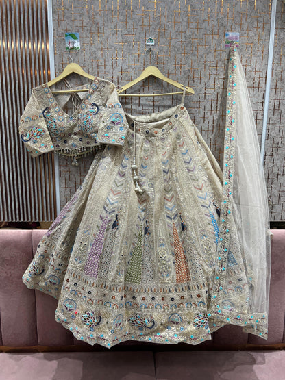 Awesome peach beige peacock crop top Lehenga