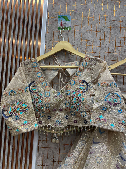 Awesome peach beige peacock crop top Lehenga