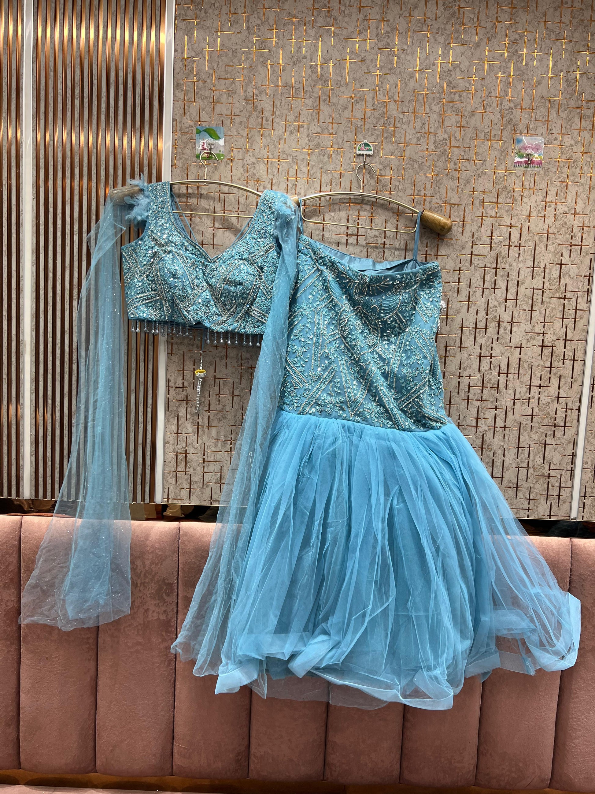 Charming Sky blue fish cut crop top Lehenga Shopping World Charming Sky blue fish cut crop top Lehenga Shopping World