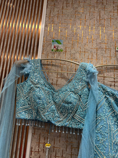 Eye catching peach crop top fish cut Lehenga